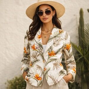 Tropical Floral Resort Blazer Women's Cream Botanical Cruise Vacation Jacket M